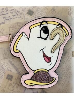 Disney Beauty and the Beast Chip Teacup Pink Glitter Applique Coin Purse